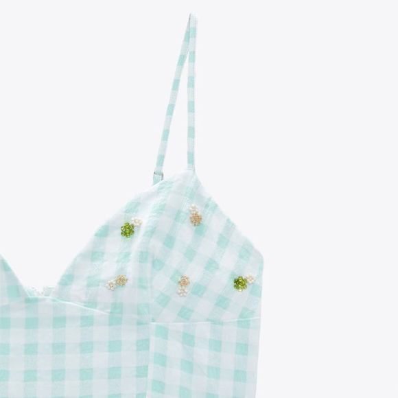 NEW ZARA GINGHAM DRESS V NECK MINI POCKETS BEADED FLOWER DETAILED SIZE XXL - Picture 7 of 7